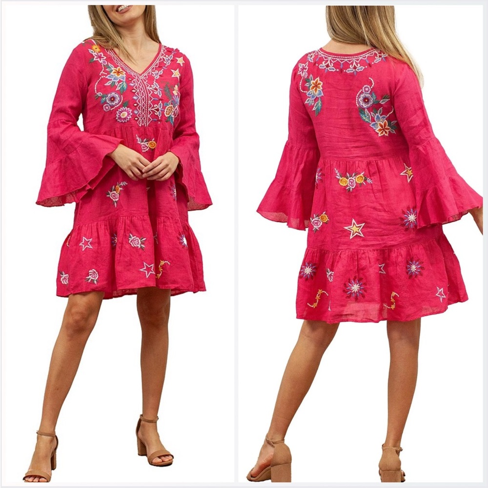 Karyn Seo Embroidered V-Neck Bell Sleeve Tiered Dress Size XL‎ NWOT